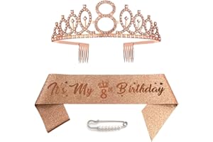 CEQINY 8th Birthday Sash Tiara and Crowns for Girls, Birthday Queen Rose Gold Tiara,Princess Tiara Rhinestone Headbands with Combs Bridal Wedding Tiaras for Wedding Prom Bridal Party Christmas