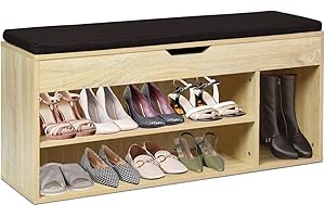 CASART Shoe Bench, Wooden Shoe Storage Cabinet with Flip-Up Top, Detachable Cushion & 3 Compartments, 2-Tier Shoes Rack Shoe Storage Stool for Hallway Entryway Living Room, 103x30x48cm (Wood Grain)