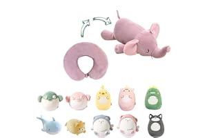 JOYRAVO Oreiller de Voyage 2-en-1 pour Enfants - Peluche Dinosaure Convertible en Oreiller Cervical en Forme de U pour Un Confort Optimal en Voyage (Avion, Voiture, Train, Bus) - Éléphant