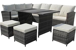 COZYBRITE Garden Corner Sofa Rattan Furniture Set 9 Seater Patio Outdoor Lounge Settee with Glass Dining Table All-weather SFS019 (Mixed Grey with Light Cushions)
