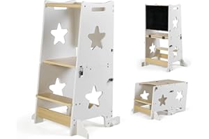 ms Torre di apprendimento in legno Montessori per bambini LEARN UP - Trasformabile in scrivania e lavagna per bambini - Torre di supporto da cucina in legno massello con barra di sicurezza