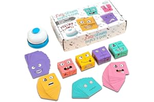 FEBBYA Drewniana kostka, gra w twarz, 3D Face-Changing Magic Cube z dzwonkiem i 72 kartkami, drewniana zabawka, interaktywna gra w kości dla dzieci od 3 lat, gra rodzinna i gra logiczna