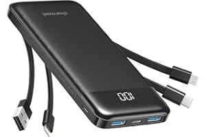 Charmast Power Bank 10000mAh con Cavi Integrati,Caricatore Portatile USB C 5V/3A Powerbank LED Display con 6 Uscite e 3 ingressi per iPhone Samsung Huawei Xiaomi