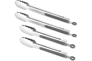 ALLWIN-HOUSEWARE W 304 Stainless Steel Kitchen Cooking Tongs, 9" and 12" Set of 4 Sturdy Grilling Barbeque Brushed Locking Food Tongs with Ergonomic Grip, Grey