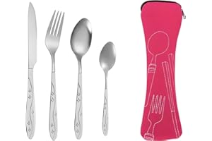 YCLFHOO Travel Cutlery, 4 Pcs Stainless Steel Set with Storage Bag, Camping Cutlery with Spoon, Knife and Fork, Suitable for Picnic/School/Office - Pink