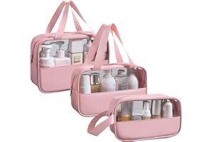 Mikytoper Clear Toiletry Bag 3 pcs, Waterproof Wash Bags Set in PVC, Large Capacity Makeup Bag with Handle, Travel Cosmetic Bag for Men and Women (Pink)