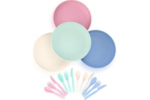 Ewwtrey Set di Piatti per Cena Infrangibili, Piatti Riutilizzabili per Bambini Leggeri per Bambini, Adulti, Senza BPA, Ecologici, Lavastoviglie, con Forchetta, Coltello, Cucchiaio