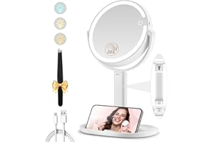 MOMOKUBA Magnifying Mirror with Light 20x, 8" Makeup Mirror with Light on Stand, Rechargeable 3 Color Lights and Adjustable Brightness, 360° Rotation Detachable Comes with Tweezer, for Bedroom, Travel
