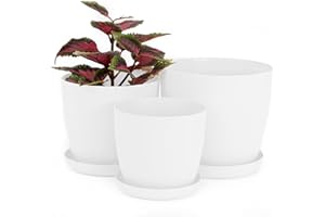 Home Garden Ornaments Maceta Blanco Juego de 3 Tamaños 14/16/18 cm - Mate Macetas Plastico con Platillo sin Agujeros de Drenaje - Maceteros Exterior - Macetero Interior (Blanco)