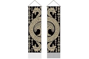 AHANDMAKER Pack of 2 Tree of Life Tapestries, Vikings Dragon Rune Vertical Long Tapestry, Aesthetic Mythology Doorway Curtain Tassel Wall Hanging for Bedroom Living Room, 13 x 51 Inch