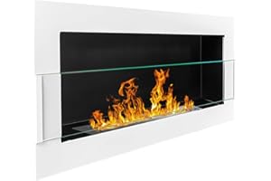GLOBMETAL Caminetto a bioetanolo, 900 x 400 mm, biocamino da parete bianco con vetro + fiamma regolabile