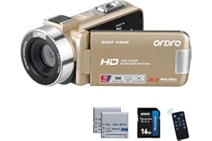 ORDRO Full HD 1080P 30MP Camcorder 18-facher Digitalzoom IR-Nachtsicht YouTube-Videokamera 3,0 Zoll 270° drehbarer Bildschirm mit 16 GB Karte und 2 Akkus Vlogging-Kamera (Gold)