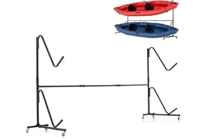 SPOTRAVEL Double Kayak Storage Rack, Free Standing Kayak Stand Carrier with Hooks, Indoor Outdoor Heavy Duty Storage Rack System for SUP Canoe Paddleboard