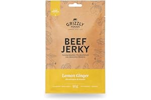 ‎GRIZZLY SNACKS Beef Jerky • Deutsches Rindfleisch • Trockenfleisch vom Rind im Set • 5er-Pack • Lemon Ginger • (5 x 50 g = 250 g)
