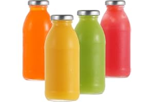 LIMILI Glass Bottles with Lids, 4PCS Glass Milk Bottles with Lids 280ml Clear Glass Drinking Bottles Juice Bottles Smoothie Reusable Milk Bottles for Protein Prep, Fridge and Dishwasher Safe