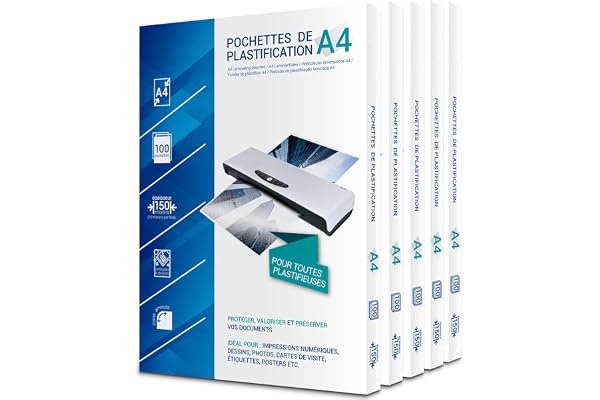 500 pochettes de plastification A4 75 Microns par face, coins arrondis, finition brillante