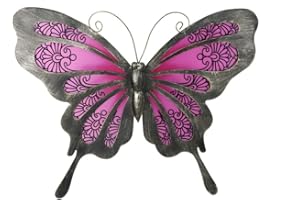 Liffy Metal Mariposa Arte de la Pared Colgante Mariposas de Cristal Jardín Decoración al Aire Libre para el Hogar Patio Valla Patio Decoraciones (Rosa, 30.5cm)