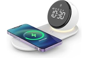 AUYLE Bluetooth Lautsprecher mit Nachttischlampe Touch Dimmbar und Wireless Charger 15W, Wecker Digital, White Noise Machine Baby, Geburtstagsgeschenk Frauen, männer und Kinder