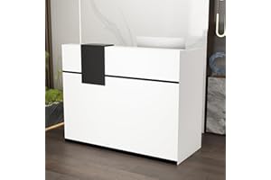 ‎CALDION Caldion Rezeptionstheke, Empfangstheke mit beweglichen Regalen, Tresen, Empfangstisch mit abschließbarer Schublade, Schwarze Bänder, für Lobby Cafe Salon, Weiß,130x60x110cm