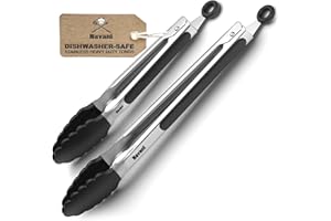 Navani Kitchen Tongs | 9 & 12 Inch Silicone Tip Tongs | Non Stick for Air Fryer & Salad/Pasta, Black 2pcs
