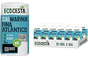 ECOCESTA MEJOR CADA DIA - Pack de 12 Unidades de 1 kg de Sal Marina Fina del Atlántico Ecológica - Sin Procesos Artificiales - Apto para Veganos - Óptimo para Aderezar tus Platos