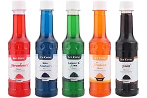 VED Sirop pour cornet de glace, sirops à saveurs populaires mélangées, framboise bleue, cola classique, fraise, citron et citron vert, sirop de granité tropical chacun 250 ml (paquet de 5)