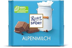 Ritter Sport 250 g de leche alpina, chocolate con leche entera con sabor cremoso, chocolate clásico para disfrutar, idea de regalo, 250 g