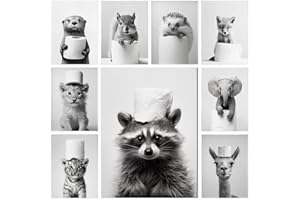 BEIYIHO Affiche Murale Noir et Blanc Humour Animaux Photos Deco Salle de Bain Tableau 30x40 Poster WC Art Affiche Drole Toilette Tableau Humoristique WC Toile Poster Mural Chambre Adulte Rigolo Funny Amusante