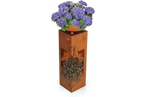 ‎HOBERG Hoberg LED Pflanzsäule 3D Schmetterling-Design in Rost-Optik | Abnehmbare Pflanzschale (Ø 34cm) | Für In- und Outdoor geeignet | Integrierte Beleuchtung, 6h Timer, kabellos [19 x 19 x 72 cm]