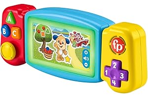 Fisher-Price Rires et Éveil Ma Tourni-Console d’Apprentissages, version française, jouet interactif, console de jeu portable factice, jouet lumineux et musical, Jouet Éveil, Dès 9 mois, HNL50