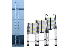 RIGOGO Scala telescopica pieghevole in alluminio, 4,4 m, con 2 ganci, in alluminio di alta qualità, antiscivolo, multiuso, per esterni e interni, EN131, portata 150 kg, colore: argento …
