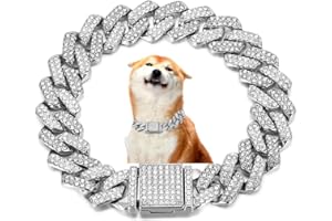 WEIMOMONKEY Dog Chain Collars, Cuban Link Chain For Dogs Glitter Rhinestone Jewelry Diamond Necklace Metal Choke 14mm Wide Pet For Puppy XS Small Medium Large Dogs Cats Sliver (8inch)