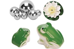 ‎MURISE MURISE Miniteich Deko, Schwimmender Frosch aus Keramik 2er Set mit Silbernen Schwimmkugeln und Lotus und Blatt Set für Miniteich Terrassenteich Zinkwannen Solarbrunnen Garten Balkon Deko