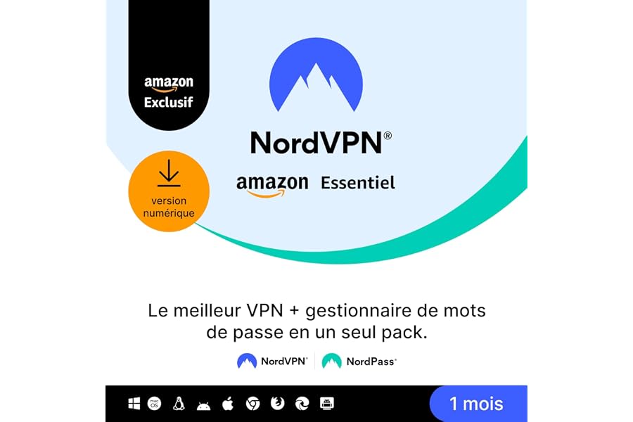 NordVPN Amazon Essentiel, 10 Appareils, 1 Mois, VPN et Gestionnaire de Mots de Passe, Code Numérique