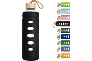 Ferexer 1 l / 1 l / 1000 ml sportowa butelka na wodę ze szkła borokrzemowego z ochronnym silikonowym rękawem i pokrywką bambusową (czarna)