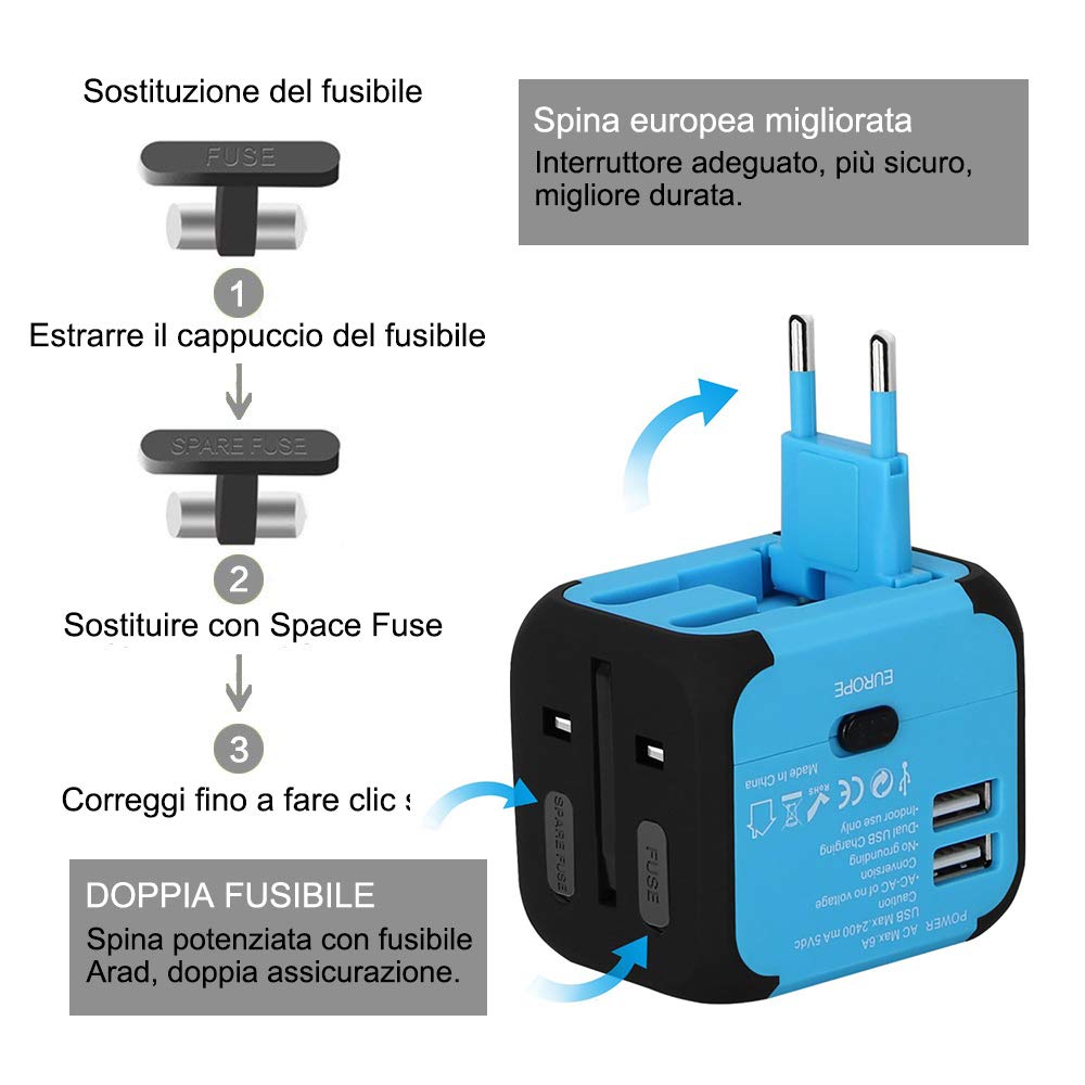 Adattatore da Viaggio con 2 USB 3.0 (US/EU/UK/AU) Adattatore Universale da Viaggio con due fusibile (fusibile di… - immagine 6