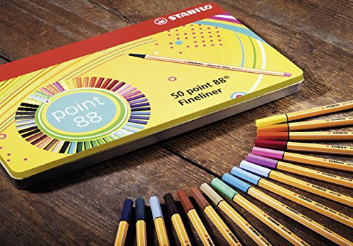 STABILO 8850-6 Fineliner – Point 88 – 50er Metalletui – 47Farben, 2x Blau, Rot, Schwarz - 4