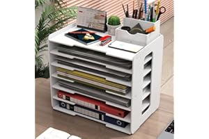 Jamiukro Büro Aktenablage, Großer Schreibtisch-Organizer Briefablage mit Stifthalter, A4-Papierablage, 7-stöckiges Schreibtischablage für Schule, Zuhause und Büro, weiß
