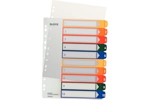 ‎LEITZ Leitz Register für A4, PC-beschriftbares Deckblatt und 10 Trennblätter, Taben mit Zahlenaufdruck 1-10, Überbreite, Weiß/Mehrfarbig, Polypropylen, 12930000