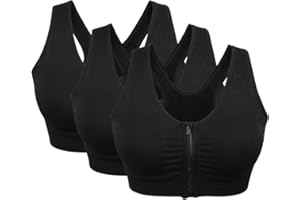 VEQSKING 3 Pack Women's Sports Bra Zip Front Non Wired Comfy Post Surgery Bra with Removable Pads