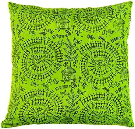 The Indian Promenade TIP Bright Parrot Green with Warli Print Cushion Cover