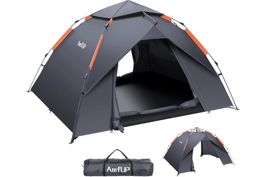Amflip Camping Tent Automatic 3 Man Person Instant Tent Pop Up Ultralight Dome Tent 4 Seasons Waterproof & Windproof Camping Tent with Removable Outer Tarpaulin, Double Layers
