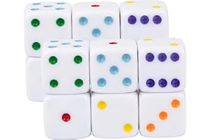 12-pack stora tärningar, jumbotärningar, 25 mm, vit bas och färgade prickar för enkel läsning, brädspel, matematikundervisnin
