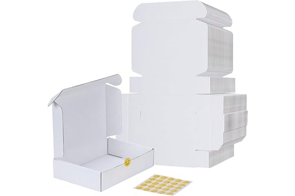 RLAVBL Carton Emballage Colis 22.9x15.3x5.1 cm, 25 Boîtes Blanches d'Expédition en Carton Livré avec Autocollants de Visages Souriants