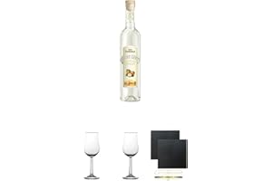 UNBEKANNT Nordhäuser Reiche Ernte Haselnuss Deutschland 0,50 Liter + 2 Bugatti Nosing Gläser mit Eichstrich 2cl und 4cl + 2 Schiefer Glasuntersetzer eckig ca. 9,5 cm Ø