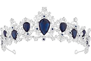Vofler - Diadème argenté avec saphir - Style baroque - Bleu foncé - Strass - Accessoire pour la reine de la mariée, anniversaire, mariage, bal de fin d'année, fête costumée