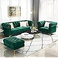 Sky Rise Decor Modern Classic 3+1+ 1Footrest 5 Seater Fabric & Valvet Tufted Chesterfield Sofa Living Room and Office (Green)