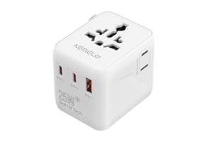 25 W Travel Adapter Worldwide, 5 in 1 Universal Adapter with USB A, USB C, 1 Worldwide Socket and US/JP Socket, Travel Plug International Socket Adapter for EU USA UK Canada Japan Australia