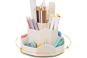 Euqvunn Porta Penne per Scrivania Rotante, Organizer Scrivania con 9 Scomparti Indipendenti, Organizzatore Scrivania 360° Salvaspazio Ideale, Moderna Accessori Scrivania in Ordine(Beige)