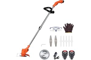 TUELALY Cordless Strimmer, 12V Grass Strimmer Cordless, Garden Strimmer with 2 * 2000 mAh Batteries, Electric Strimmer with 3 Types of Blades, Charging/Lightweight/Retractable for Garden Lawn Edger (Orange)